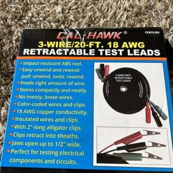 3 Wire 20' Retractable Test Leads 18 Gauge Aligator Clips in Reel