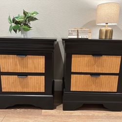 Modern Black Nightstands. Fluted Wood Detail (Set of 2)
