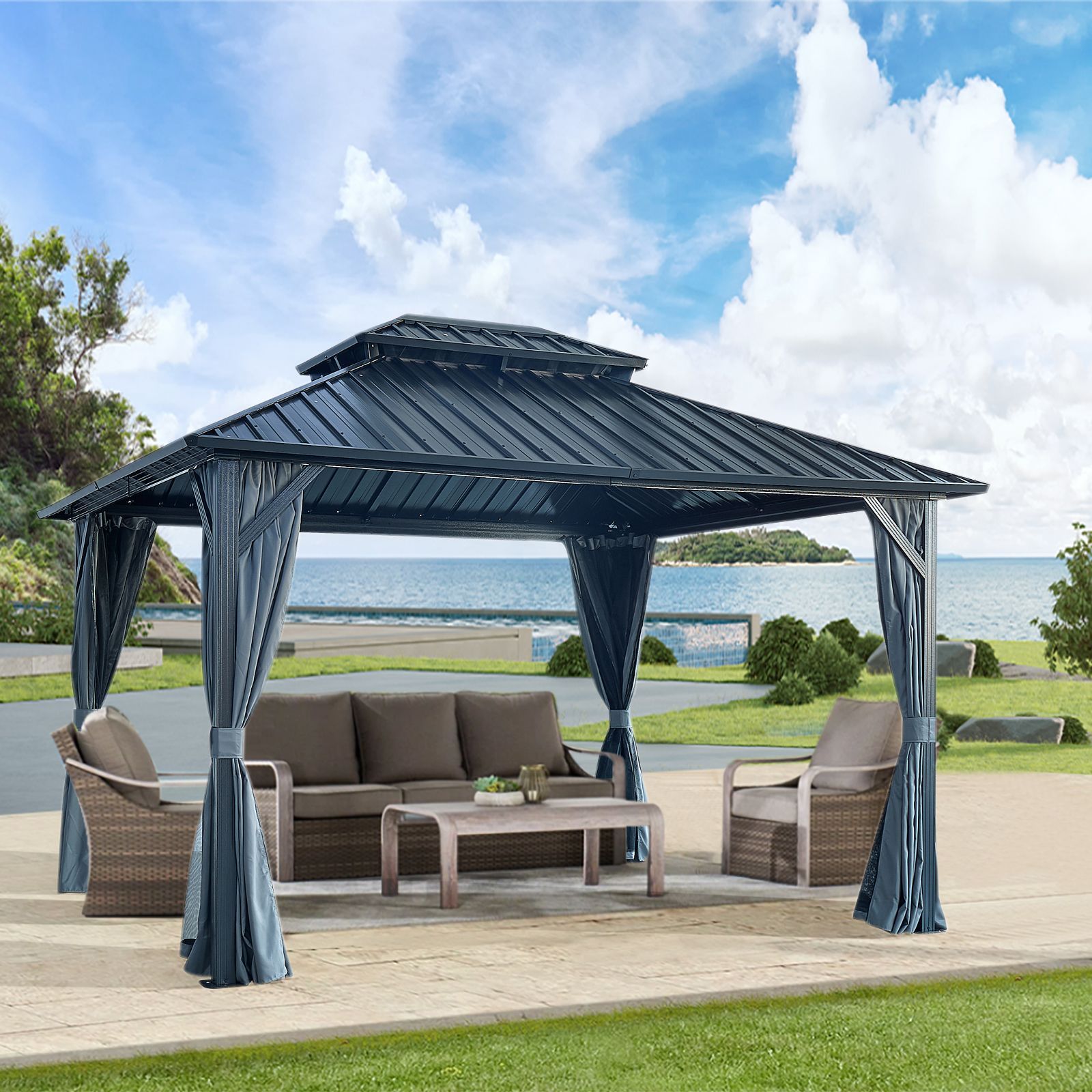 10' X 12' Hardtop Gazebo with Galvanized Steel Double Roof Sturdy Aluminum Frame Curtains and Netting for Patio Lawn and Garden