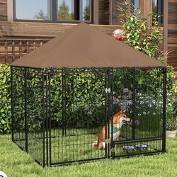 😀 PawHut Outside Dog Kennel, 4.6' x 4.6' x 5' Puppy Play Pen with Canopy, Garden Playpen Fence Crate Enclosure Cage Rotating Bowl, Black 