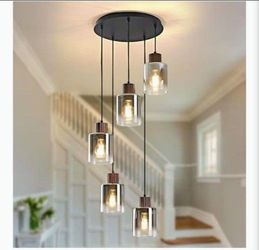 Pendant Light Fixture, Black Small Chandelier Light with Gray Gradient Glass Shade, E26 Base 5-Light Kitchen Island Hanging Pendant Lighting