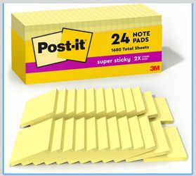 Post-it Super Sticky Notes, 24 Pads, 3 x 3 in., School Supplies, Office Products, for Vertical Surfaces, Monitors, Walls and Windows, Canary Yellow @N