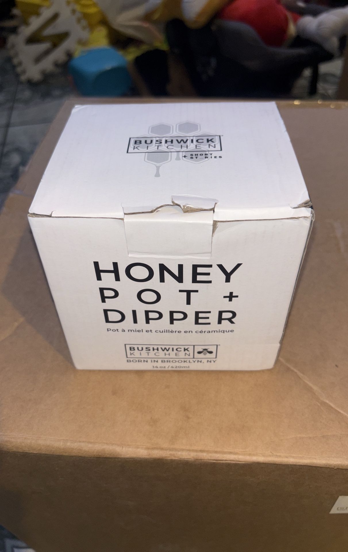 Bushwick Kitchen Honey Pot Jar + Wood Dipper ~ Ceramic Jar With Lid