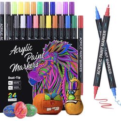 24 Colors Acrylic Paint Pens, Dual Tip Pens With Medium Tip and Brush Tip,  Paint Markers for Rock Painting, Ceramic, Wood, Plastic, Calligraphy