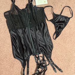 New Small Medium Black Satin Corset Teddy Panty Garter Lingerie Set 