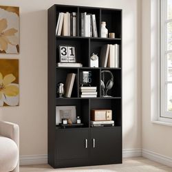 70" Tall Black Bookshelf with 12 Cubes and 2 Doors, 4-Tier Open Shelf Bookcase with Cabinet, Modern Cube Storage Organizer for Living Room, 