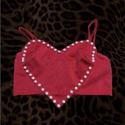 Red Pearl-Trim Heart Crop-Top