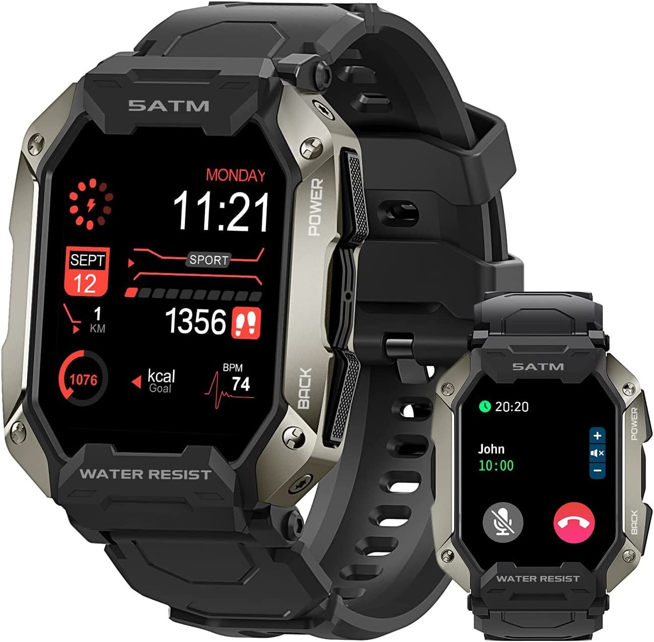 Smart Watches for Men,100M Waterproof Rugged Military Grade Bluetooth Call(Answer/Dial Calls)，Health Tracker for Android Phones and iPhone Compatible
