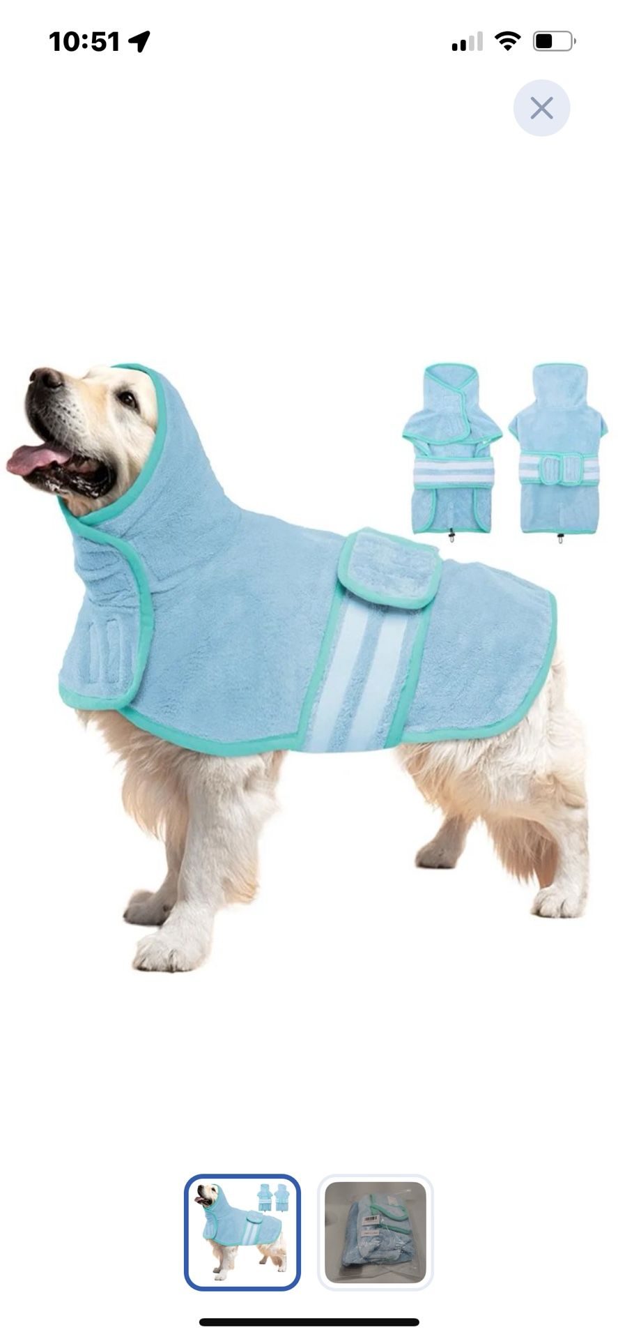 “New”Fast Drying Dog Robe “Super Absorbent”adjustable Collar&belly Strap(sz Large)Blue