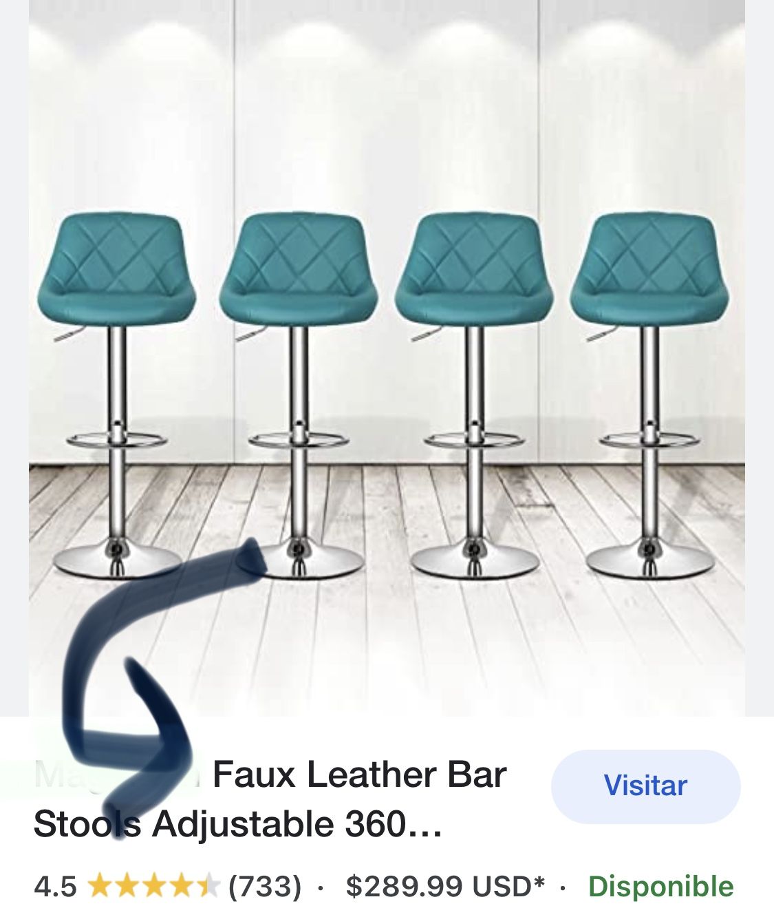 Set Of 4. bar stools with 360degree swivel backrest, set of 4 bar stools (style 02blue green