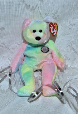 B.B. the ‘Birthday’ Bear: Ty Beanie Baby, pastel Tie-Dye, B-day badge, 1999