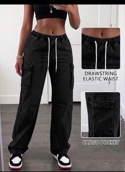 Black Wide-Leg Cargo Pants with Drawstring