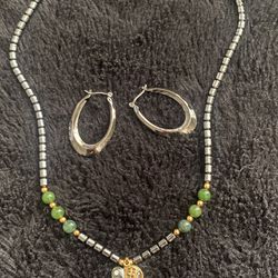 Vintage Hermatite Stones Elephant Pendant Necklace W/Hematite Beads And Earrings