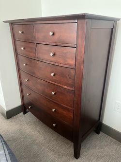 Dark Wood Bedroom Set - Tall Dresser and Two Nightstands