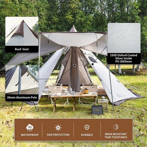 MOBI GARDEN Glamping Tent Camping Pyramid Tent four-six Person Waterproof Stove Jack
