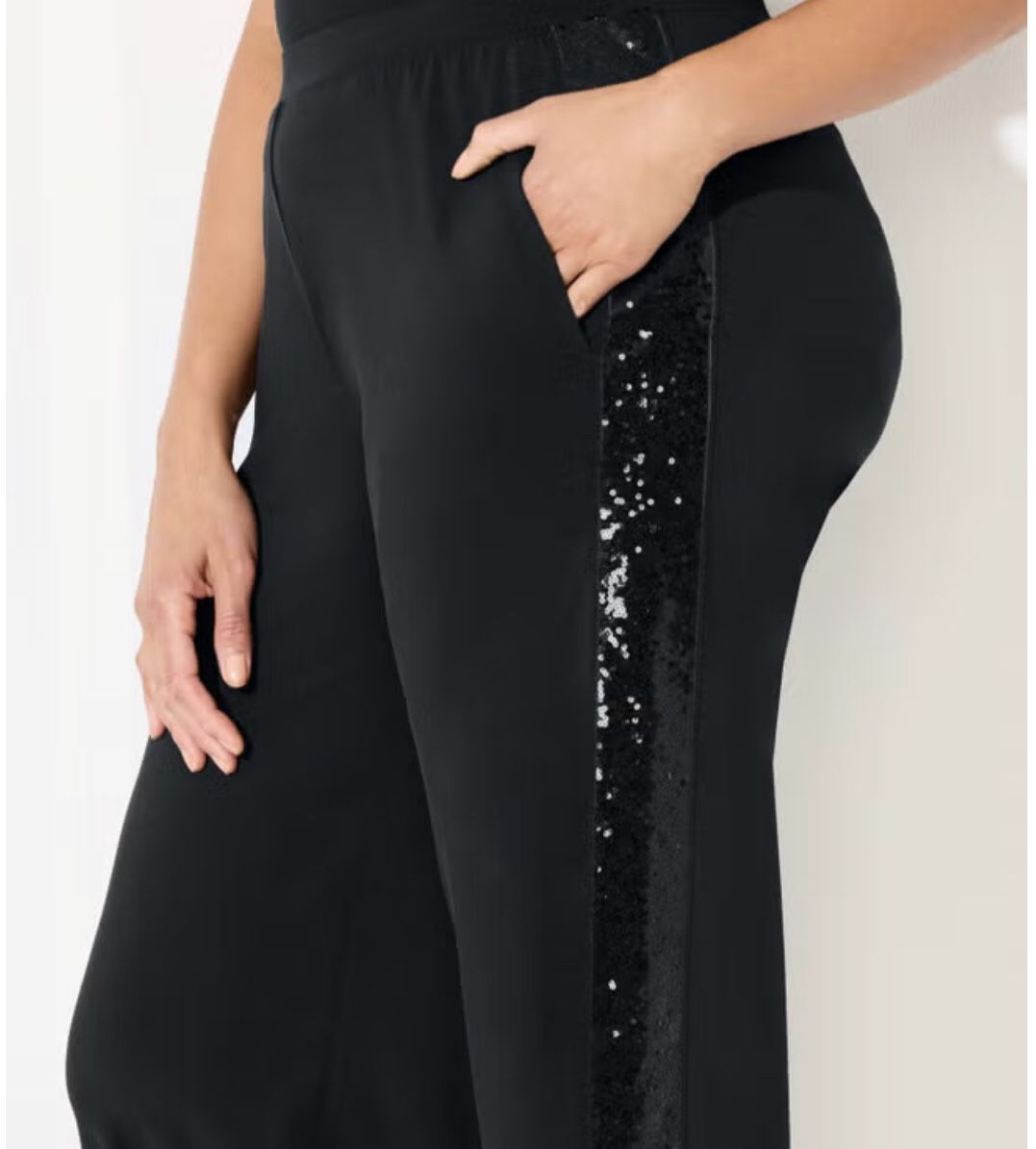NWT BLACK SEQUIN STRIPED WIDE LEG PANTS WITH POCKETS BY CATHERINES. SIZE 1X