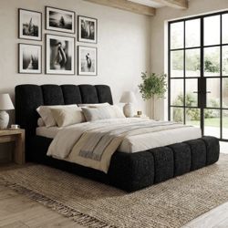QUEEN PLATFORM BED CHANNEL TUFTED FABRIC (F) $899  DELIVER AVAILABLE  