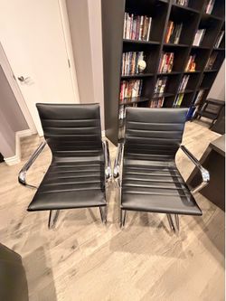 Pair of Mid-Century Style Ribbed Leather Guest Chairs - Black/Chrome