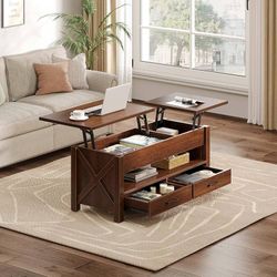 277 Split Lift Top Coffee Table with 2 Drawers in Espresso, 47'' Modern Farmhouse Center Table, Dual Rising Tabletops & Hidden Storage Compartment for