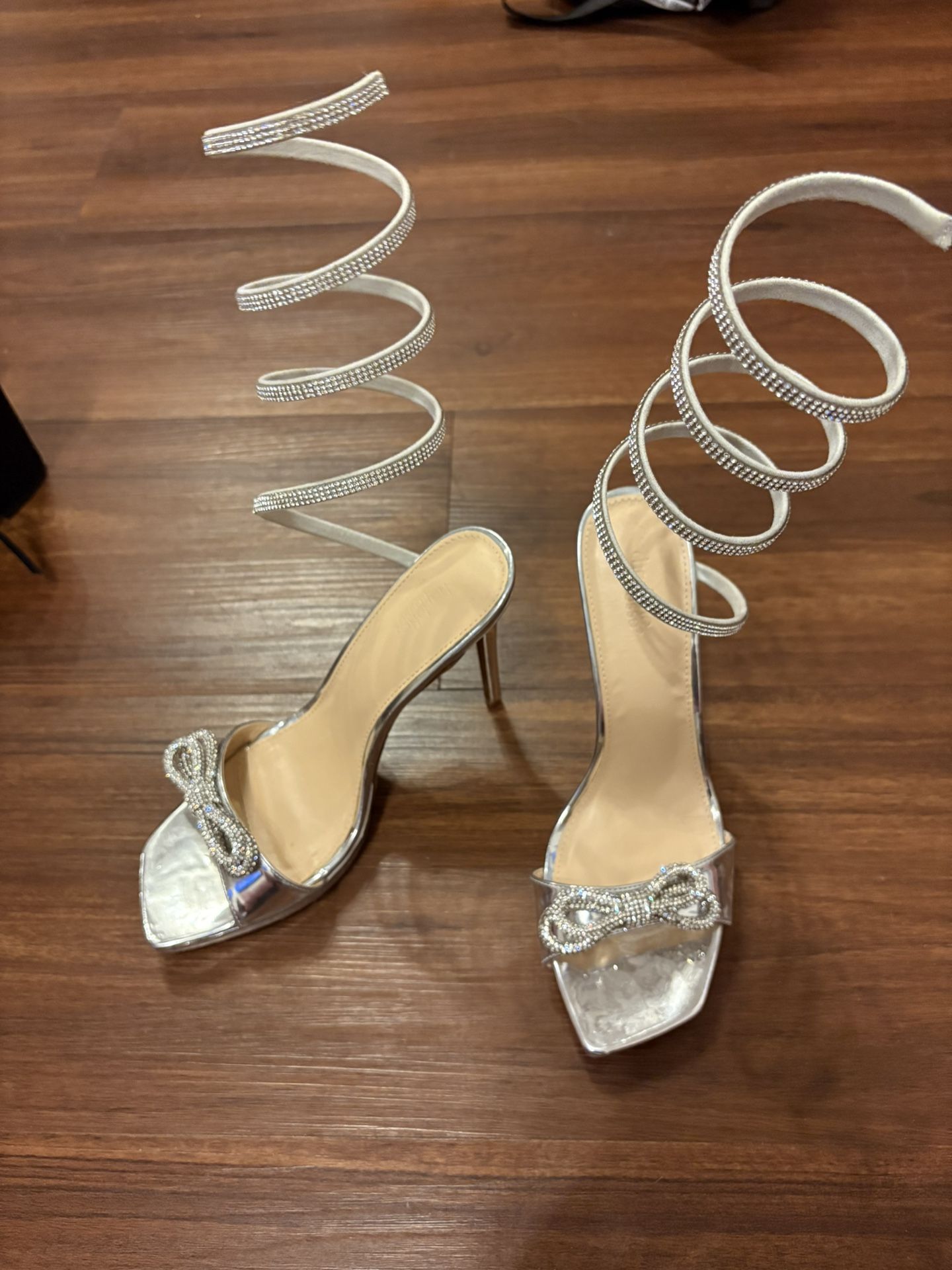 Silver Rhinestone Spiral Ankle-Wrap Heels