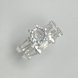 Solid 925 Sterling Silver 2-Set Ring – Round & Baguette CZ Bridal Style Ring
