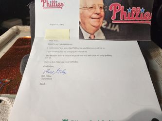 Phillies baseball chairman Bill Giles congratulating a fan named on his birthday Letter  With Coa