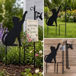 Black Metal Cat and Bird Garden Flag Stand - 2 Piece - New