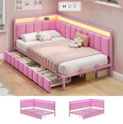 Pink Twin Size Corner Bed Frame with Drawers