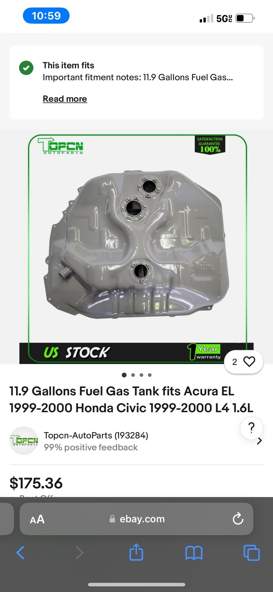 Honda Civic 1(contact info removed) L4 1.6L 11.9 Gallons Fuel Gas Tank