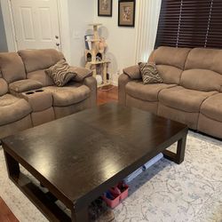 Reclining Couch, Love Seat, Coffee Table, & Rug