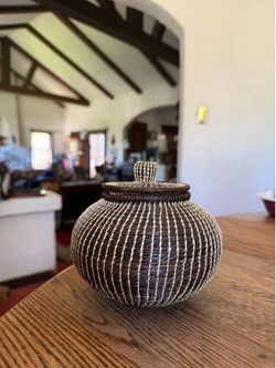 Woven Basket With LidNeutral Handmade Textured Home Decor 5.5” Tall 6” Wide