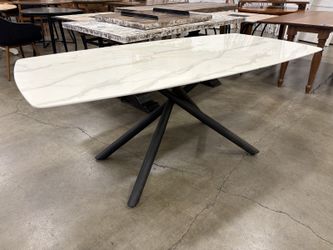 Modern White Marble Printed Tempered Glass Top Table with Intersecting Black Metal Legs