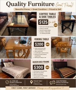 Dining table, queen bed, coffee table