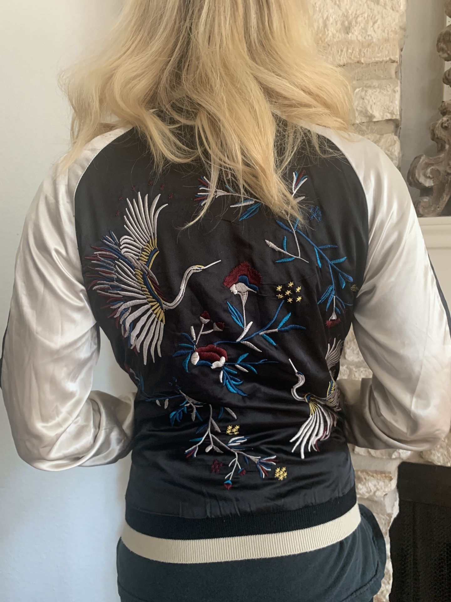 Women Youth  Reversible Satin Embroidery Baseball Jacket Flower Bomber Retro Hip