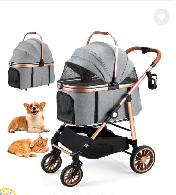 Foldable 4 Wheels Pet Stroller for Small/Medium Dogs Cats up to 55lbs, 3-in-1 Dog Stroller, Detachable Carrier and One-Click Folding Design, Travel Pu