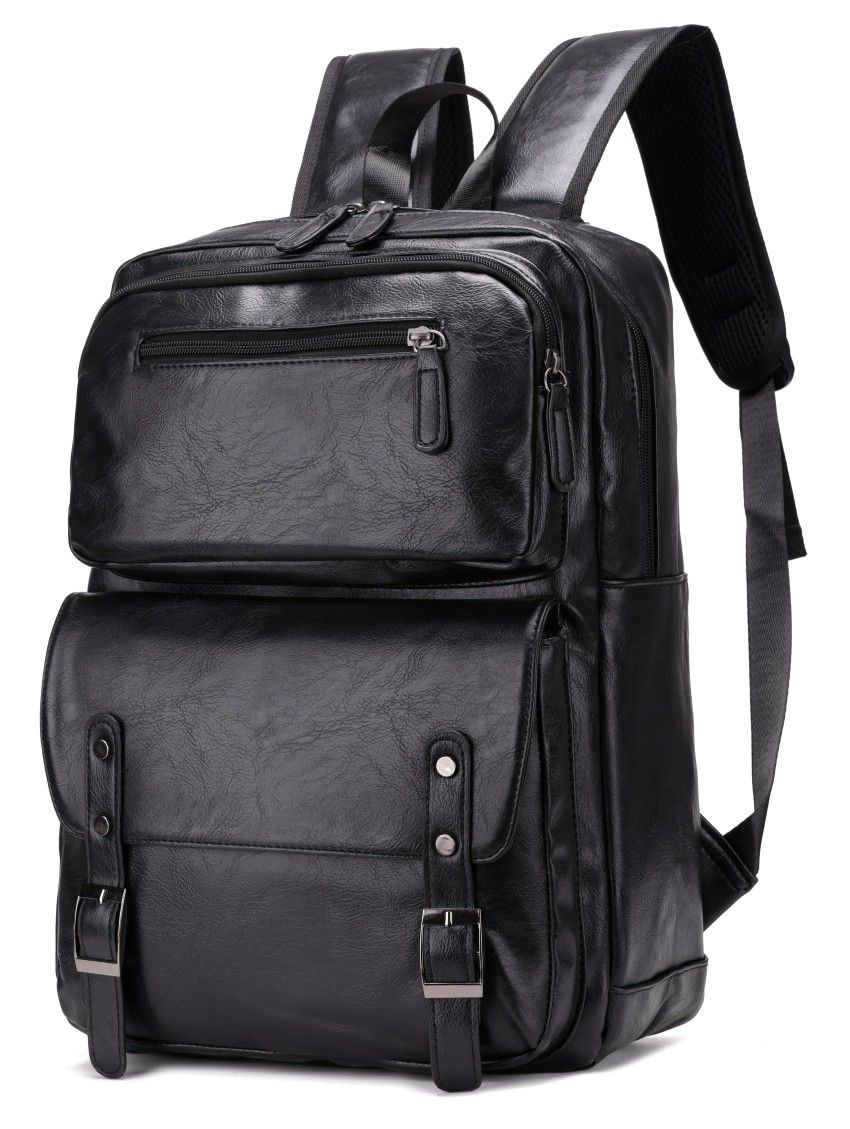 ORILOOSEN PU Casual Backpack Men's casual Leather laptop backpack Daily commuter leather backpack College backpack (Black)