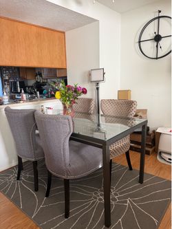 Glass Dining Table Set – 30” x 60” Table + 4 Upholstered Chairs
