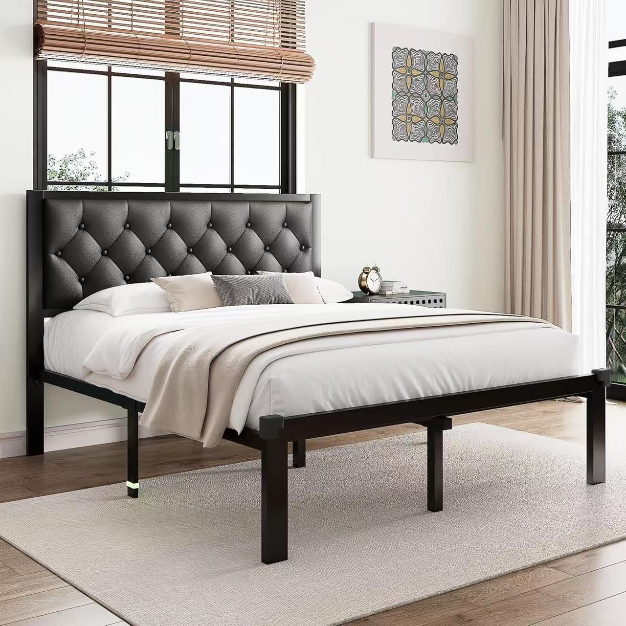 Queen Size Metal Bed Frame with Faux Leather $90