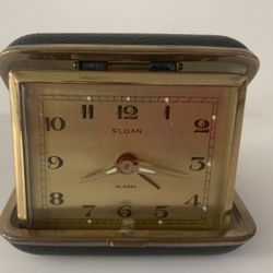 Vintage SLOAN Travel Alarm Clock Pocket Brown Leather Case Gold Rim. 