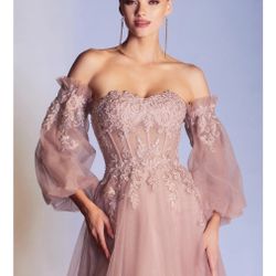Cinderella Divine Dusty Rose Glitter Off The Shoulder Corset Prom Gown