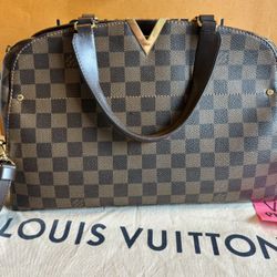 LOUIS VUITTON Kensington Bowling Bag w/Long Strap- Damier Ebene & (Pink) Rose Ballerine Interior
