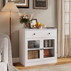 31.5W Kitchen Credenza & Sideboard,Buffet Cabinet with Drawer & 2 Glass Doors,Co