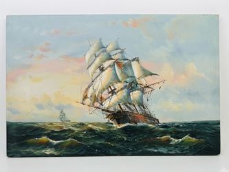 Original John Ambrose Oil Painting - Vintage Maritime Tall Ship Seascape (24" x 36")