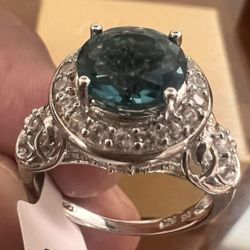 Oval Montana Greenish Blue Peacock Teal Sapphire Engagement Ring In 925 Silverware . Size 9.