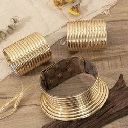 Gold Tone Metal Ribbed Cuff Bracelets Set of 3, Round, No Stone