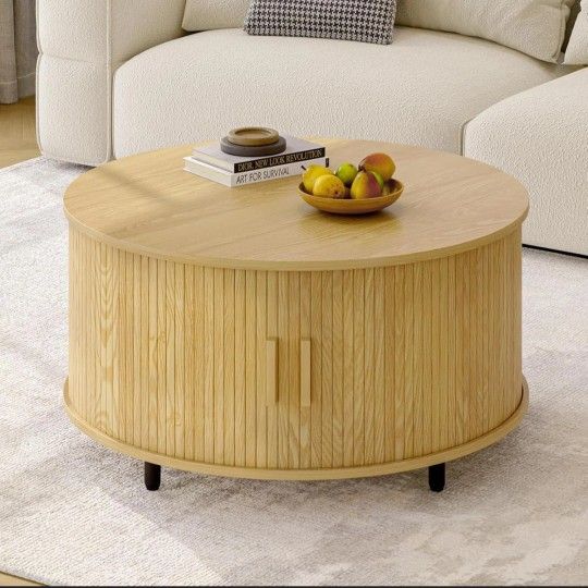 Round Coffee Table With Storage, 31.5" Modern Coffee Table With 360° Curved Sliding Door, Oak 🌱