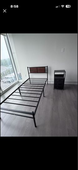 Twin XL Metal Platform Bed Frame with Wood Panel Headboard (Free Nightstand Included)