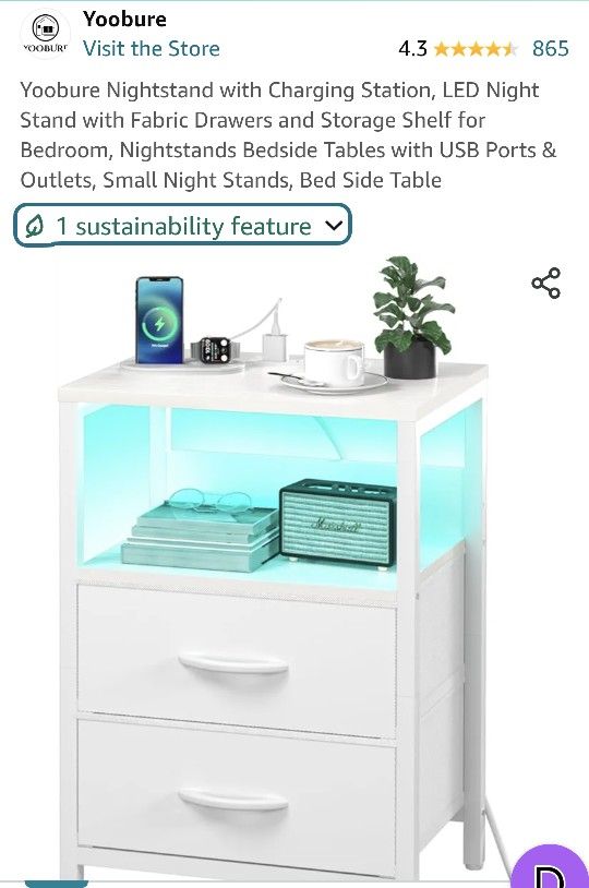 Yoobure Nightstand with Charging Station, LED Night Stand with Fabric Drawers and Storage Shelf