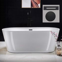 67" Acrylic Freestanding Bathtub Contemporary Soaking White Tub with Matte Black Overflow and Drain，B0013-MB