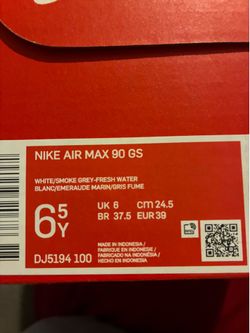 NIKE AIR MAX 90 GS SIZE 6.5 Y WHITE/SMOKE GREY -FRESH WATER BRAND NEW NEVER WORN ORIGINAL BOX